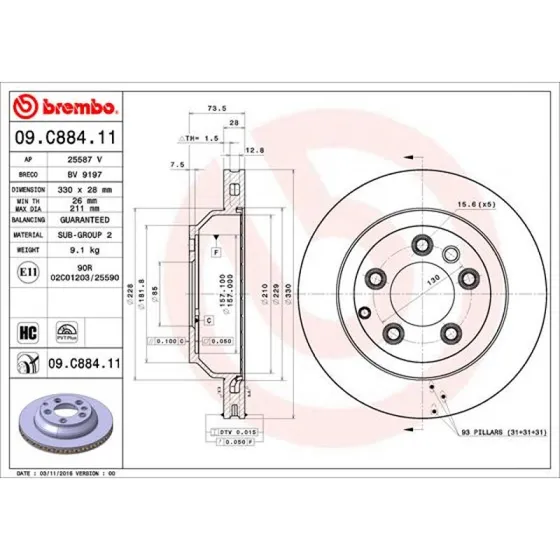 Brembo Bremseskive 09.C884.11, 330 mm, indvendigt ventileret