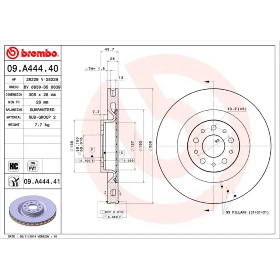 Brembo Bremseskive 09.A444.41, 28 mm, for OPEL, FIAT, VAUXHALL