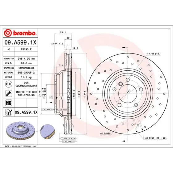 Brembo Bremseskive 09.A599.1X for BMW 3, X1 (34116770729)