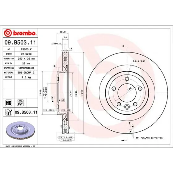 Brembo Bremseskive 09.B503.11 for Land Rover (LR033302, LR099036, LR161898, LR189046)
