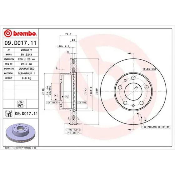 Brembo Bremseskive 09.D017.11 for Opel, Fiat, Peugeot