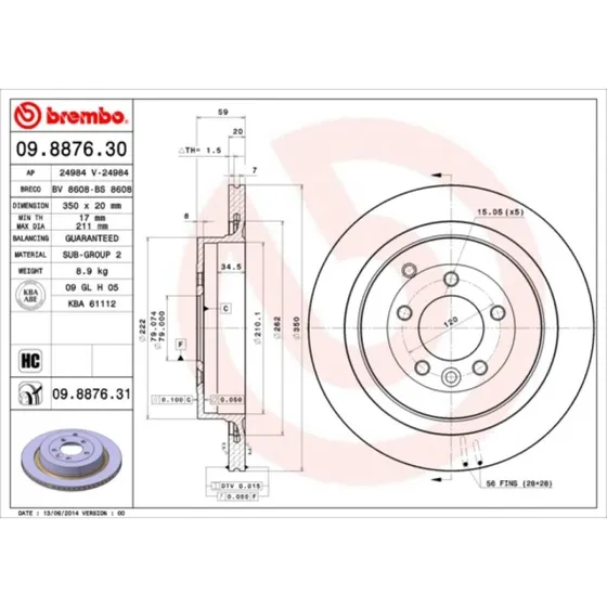 Brembo Bremseskive 09.8876.31, 20 mm, indvendigt ventileret, til Land Rover Discovery IV & Range Rover Sport I