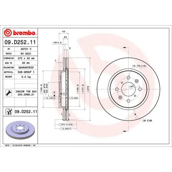 Brembo Bremseskive 09.D252.11 for Suzuki Swift IV