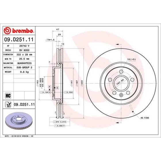 Brembo Bremseskive 09.D251.11 for Volvo, Mercedes-Benz, Ford