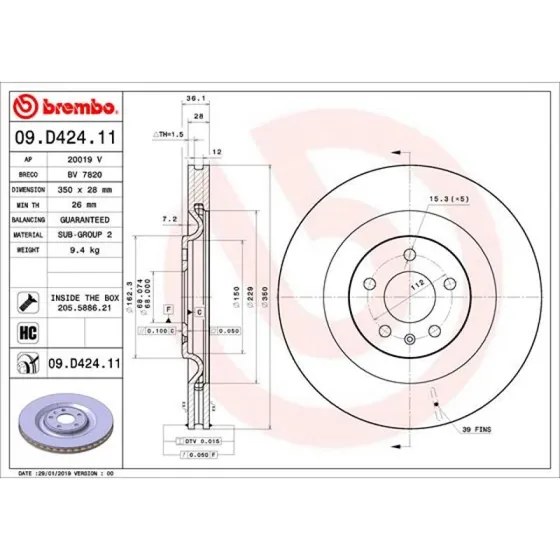 Brembo Bremseskive 09.D424.11, 350mm, 28mm, for VW, Audi, Honda
