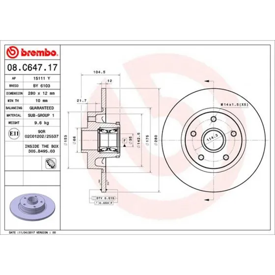 Brembo Bremseskive 08.C647.17, fuld, 12 mm, 5 hul, bagaksel