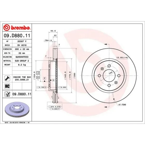 BREMBO 09.D880.11 Bremseskive for HYUNDAI og KIA