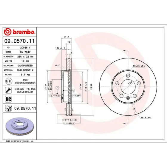 Brembo Bremseskive 09.D570.11 for VW, Audi, Skoda