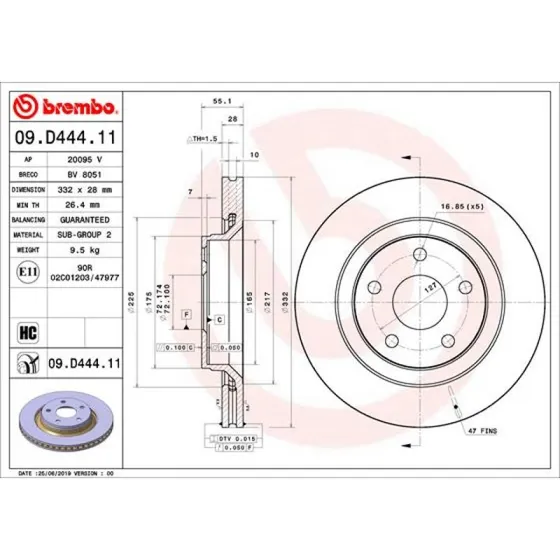 BREMBO 09.D444.11 Bremseskive, 28 mm, for Jeep Wrangler III