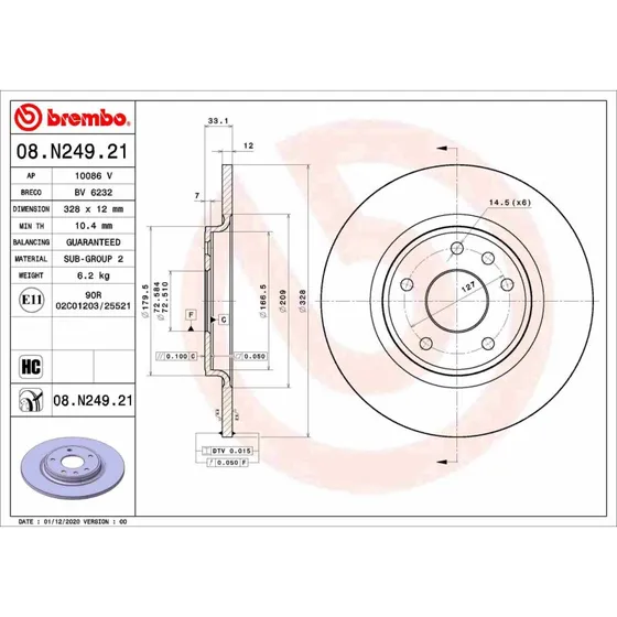 Brembo Bremseskive 08.N249.21, Prime, 12 mm, 328 mm