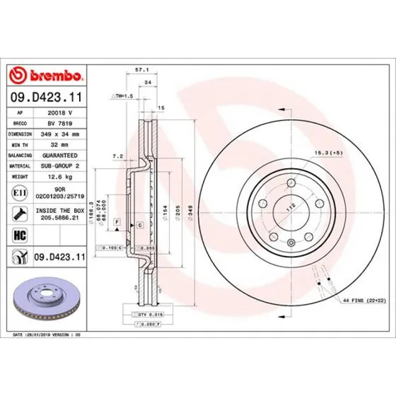 Brembo Bremseskive 09.D423.11 for VW, Audi, BMW