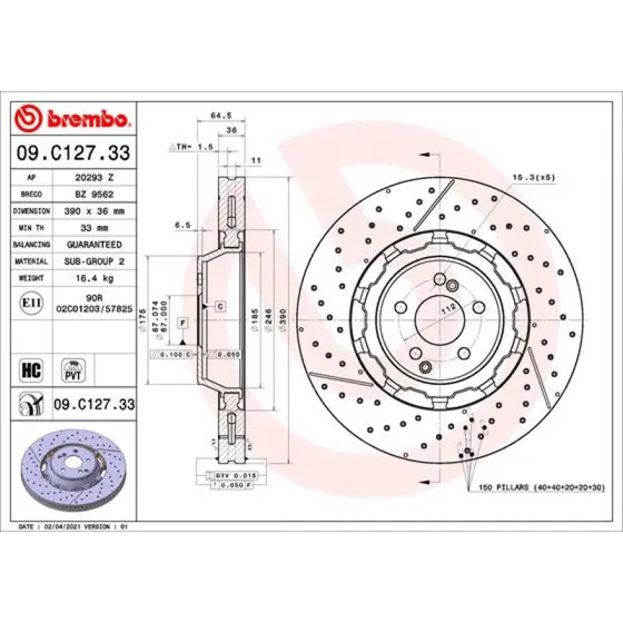Brembo Bremseskive 09.C127.33 for Mercedes-Benz S-klasse