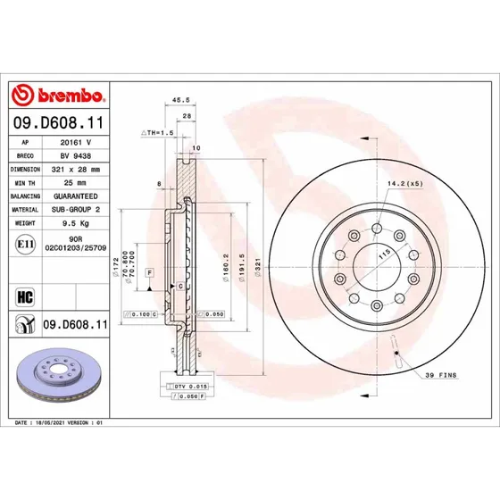 Brembo Bremseskive 09.D608.11 for Opel/Vauxhall