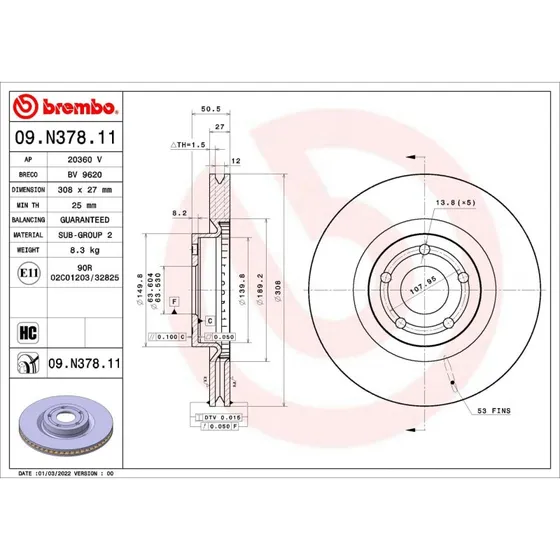 Brembo Bremseskive 09.N378.11 for Mercedes-Benz, Ford, Tesla