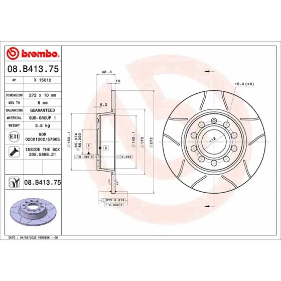 Brembo Bremseskive 08.B413.75 for VW, Audi, Skoda, Seat, Cupra