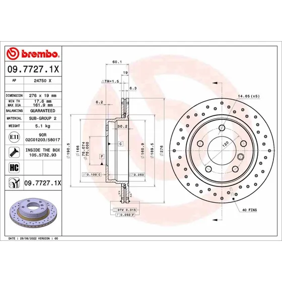 Brembo Bremseskive 09.7727.1X for BMW 3-serie (bagaksel)