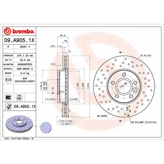 Brembo Bremseskive 09.A905.1X, perforeret, 25 mm tyk, til Ford, Kia, Volvo