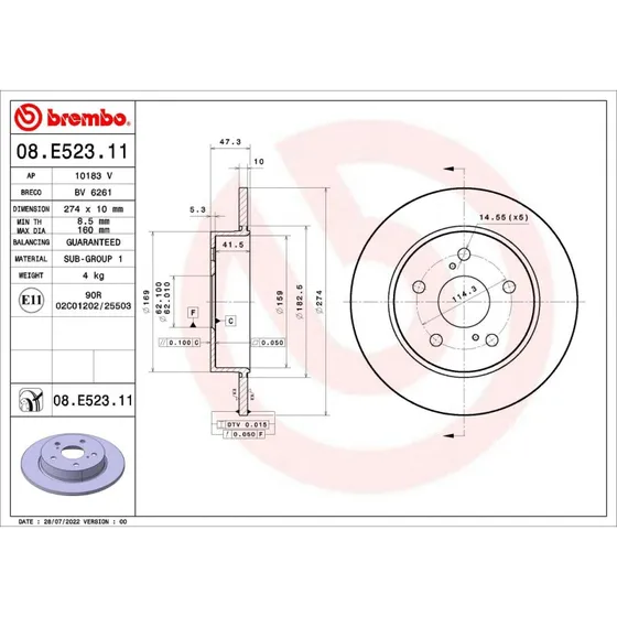 Brembo Bremseskive 08.E523.11 til Toyota Corolla & Suzuki Swace