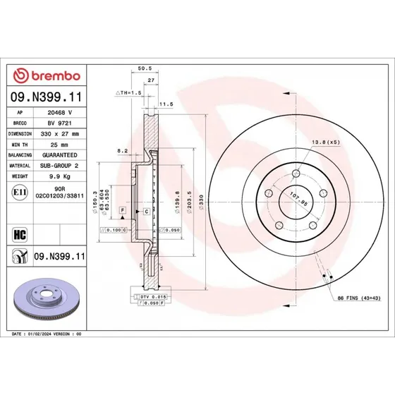 Brembo Bremseskive 09.N399.11 for Ford Focus IV, Kuga III