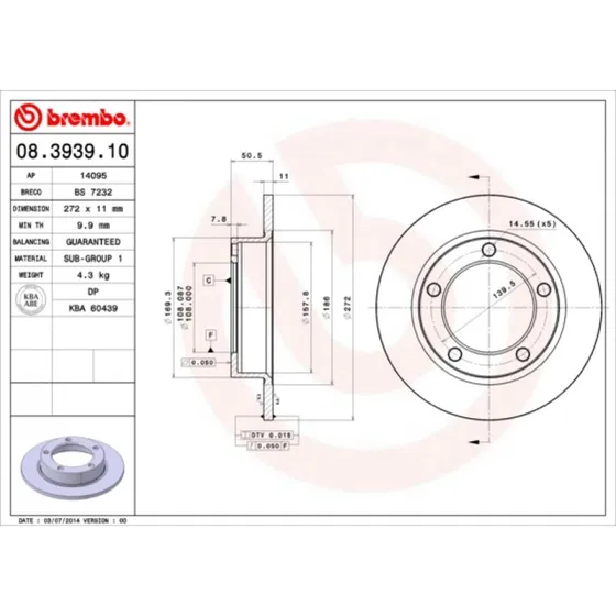 Brembo Bremseskive 08.3939.10 for Chevrolet Lada