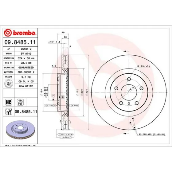 Brembo Bremseskive 09.8485.11 for Nissan 350Z