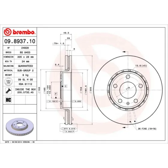 Brembo Bremseskive 09.8937.10, indvendigt ventileret, 28 mm tyk