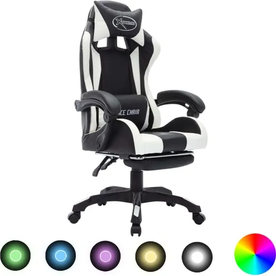 vidaXL Gamingstol med RGB-lys, kunstlæder hvid/sort