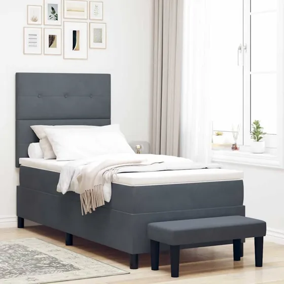 vidaXL Boxspring seng med fløjls hovedgavl, mørkegrå, 90 x 200 cm