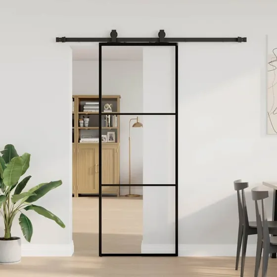 vidaXL Skydedør 76x205 cm ESG-glas sort med hardwaresæt