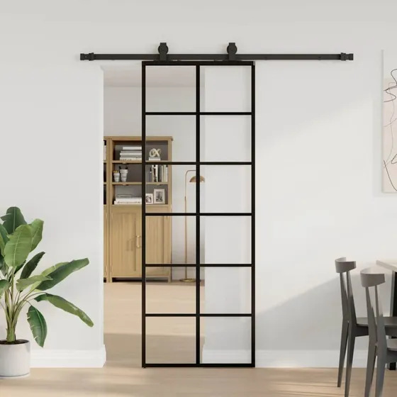 vidaXL Skydedør 76x205 cm ESG-glas sort med hardwaresæt