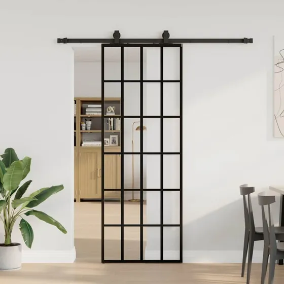 vidaXL Skydedør 76x205 cm ESG-glas sort med hardwaresæt