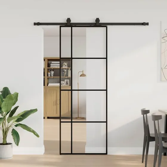 vidaXL Skydedør 76x205 cm ESG-glas sort med hardwaresæt