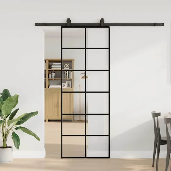 vidaXL Skydedør 76x205 cm ESG-glas sort med hardwaresæt