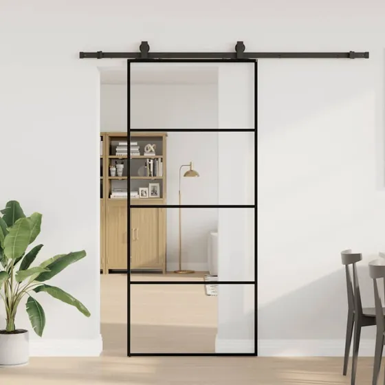vidaXL skydedør 90x205 cm ESG glas sort med hardwaresæt