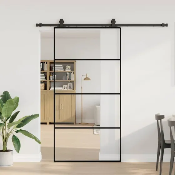 vidaXL Skydedør 102,5x205 cm ESG-glas sort med hardwaresæt