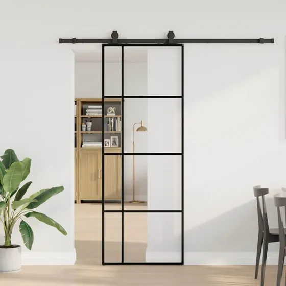 vidaXL Skydedør 76x205 cm ESG-glas sort med hardwaresæt