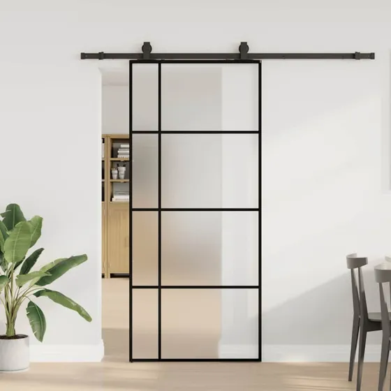 vidaXL Skydedør 90x205 cm ESG-glas sort med hardwaresæt