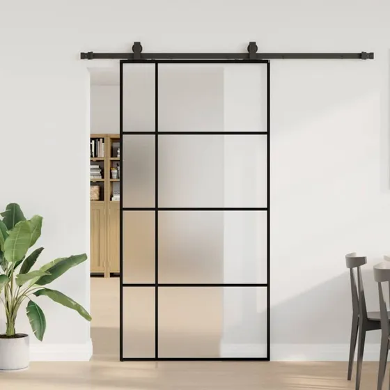 vidaXL Skydedør 102,5x205 cm ESG-glas sort med hardwaresæt