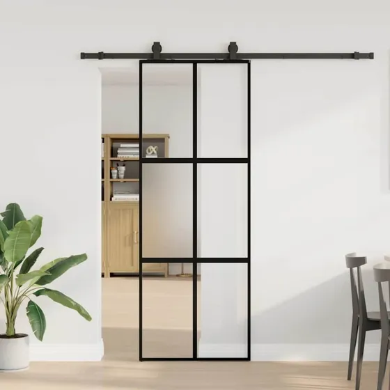 vidaXL Skydedør 76x205 cm med hærdet glas sort