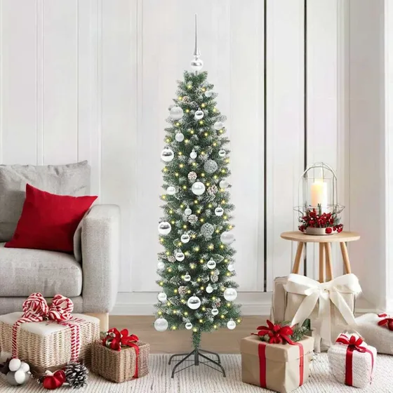 vidaXL Kunstigt Slankt Juletræ 150 cm med 150 LED'er Grøn og Hvid