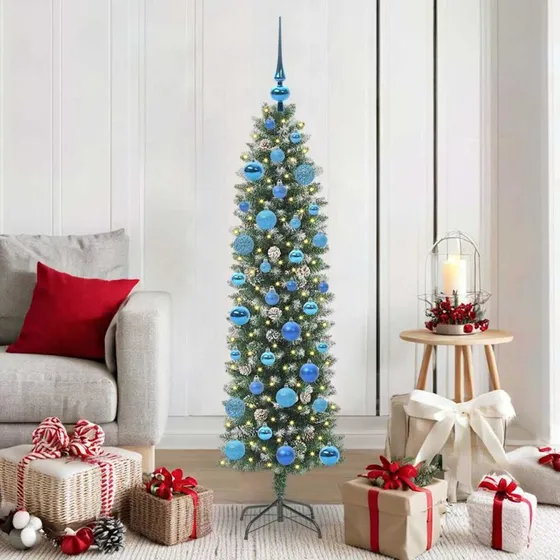 vidaXL Kunstigt slankt juletræ 150 cm med 150 LED'er Grøn og Hvid