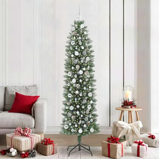 vidaXL Kunstigt slankt juletræ 210 cm med 300 LED'er grøn/hvid