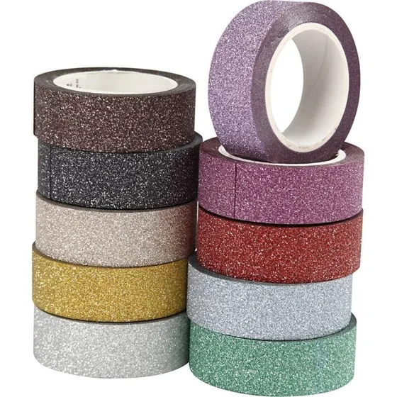 Glimmertape Sæt – 10 ruller, 15 mm bred, ass. farver
