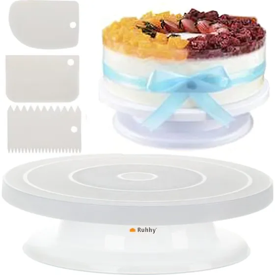 Roterende Kagefad med 3 Spatler – Hvid, 28 cm