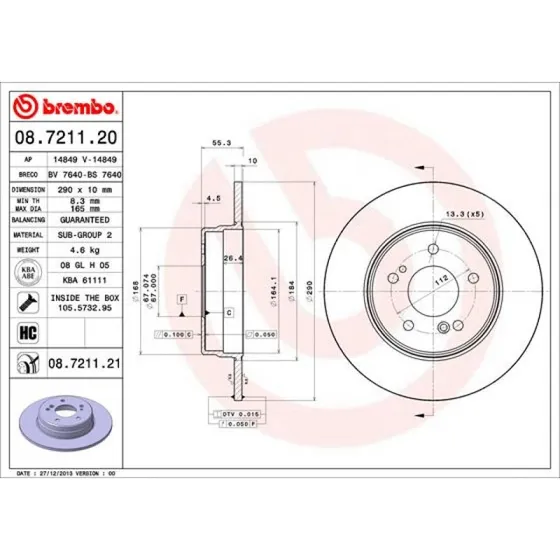 Brembo Bremseskive 08.7211.21 til Mercedes-Benz, bagaksel, Prime