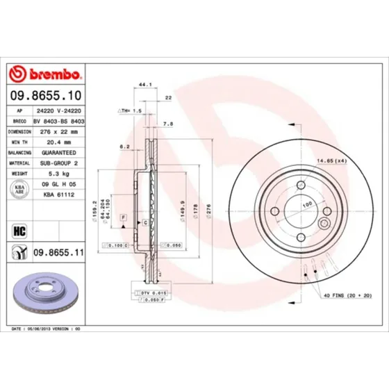 Brembo Bremseskive 09.8655.11 for MINI (indv. ventileret)