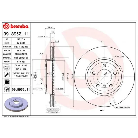 Brembo Bremseskive 09.8952.11 for BMW 3, Z4 (Prime)