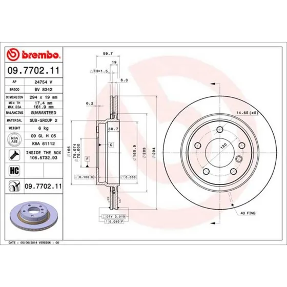 Brembo Bremseskive 09.7702.11, 19 mm, bagaksel, Prime