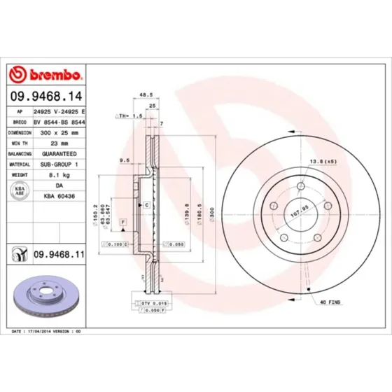 Brembo Bremseskive 09.9468.11, indvendigt ventileret, 300 mm