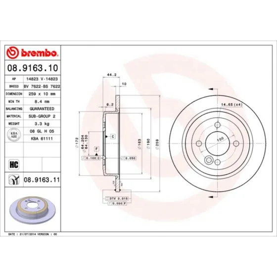 Brembo Bremseskive 08.9163.11 til MINI (bagaksel)